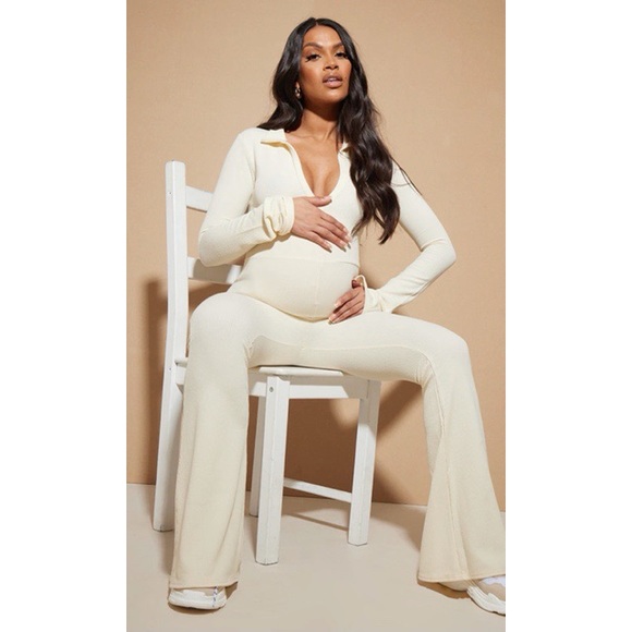 Stone Rib Collar Detail Flare Leg Maternity Jumpsuit - Picture 1 of 6